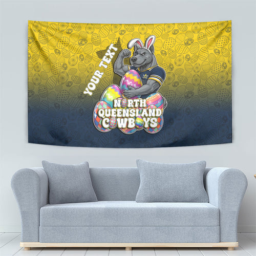 Personalized North Queensland Cowboys Tapestry Easter Mascot - Colorful Eggs Cartoon Style
