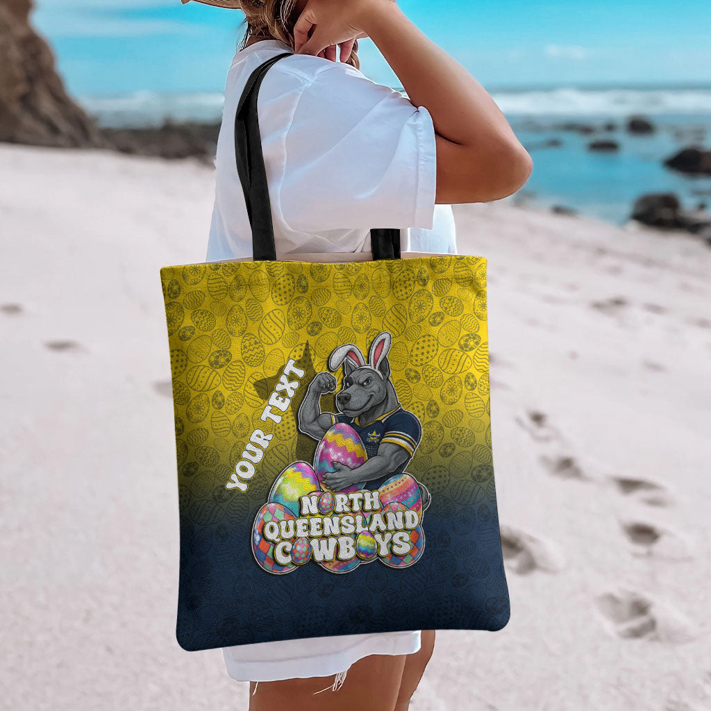Personalized North Queensland Cowboys Tote Bag Easter Mascot - Colorful Eggs Cartoon Style