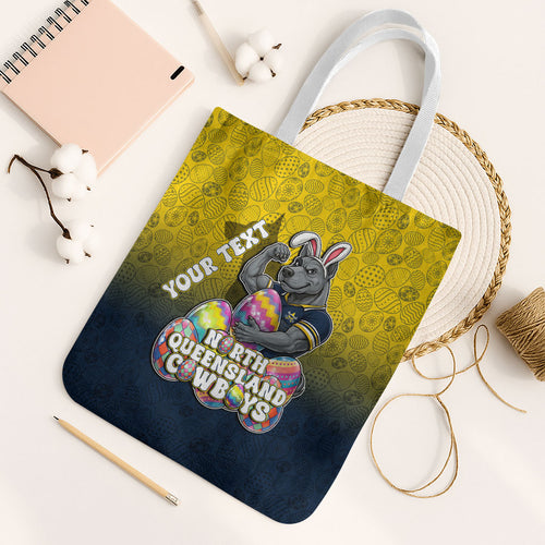 Personalized North Queensland Cowboys Tote Bag Easter Mascot - Colorful Eggs Cartoon Style