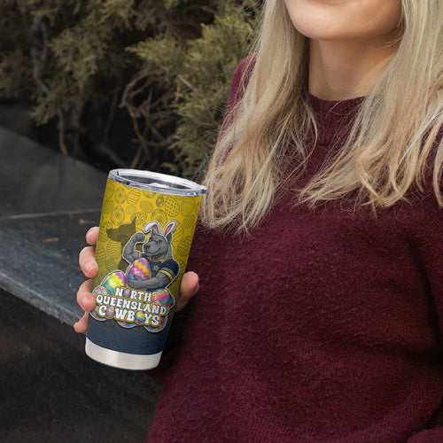 Personalized North Queensland Cowboys Tumbler Cup Easter Mascot - Colorful Eggs Cartoon Style