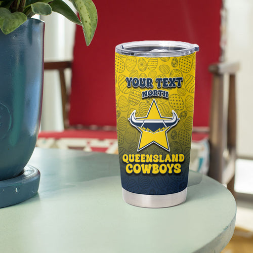 Personalized North Queensland Cowboys Tumbler Cup Easter Mascot - Colorful Eggs Cartoon Style