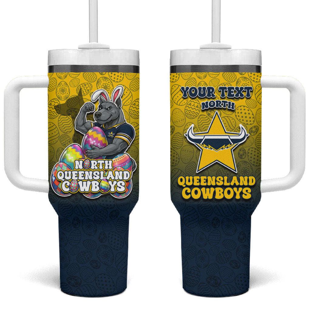 Personalized North Queensland Cowboys Tumbler With Handle Easter Mascot - Colorful Eggs Cartoon Style