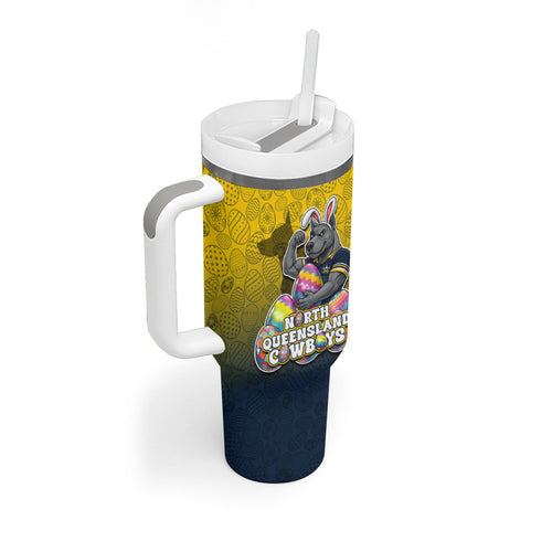 Personalized North Queensland Cowboys Tumbler With Handle Easter Mascot - Colorful Eggs Cartoon Style