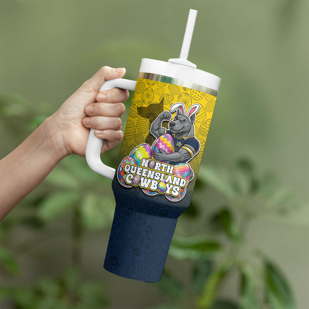 Personalized North Queensland Cowboys Tumbler With Handle Easter Mascot - Colorful Eggs Cartoon Style