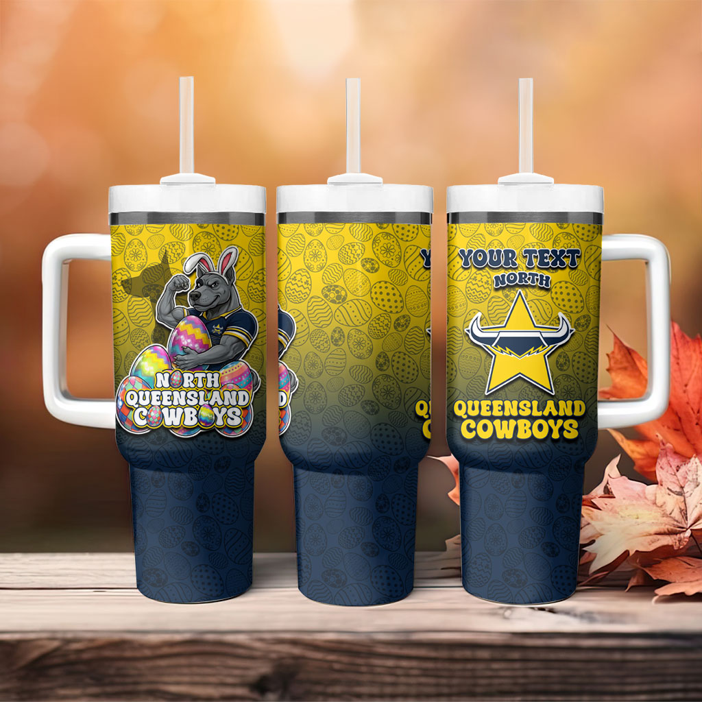 Personalized North Queensland Cowboys Tumbler With Handle Easter Mascot - Colorful Eggs Cartoon Style