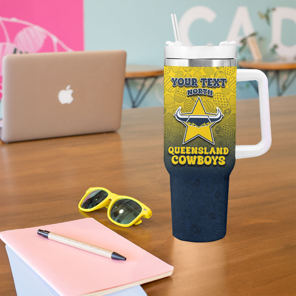 Personalized North Queensland Cowboys Tumbler With Handle Easter Mascot - Colorful Eggs Cartoon Style