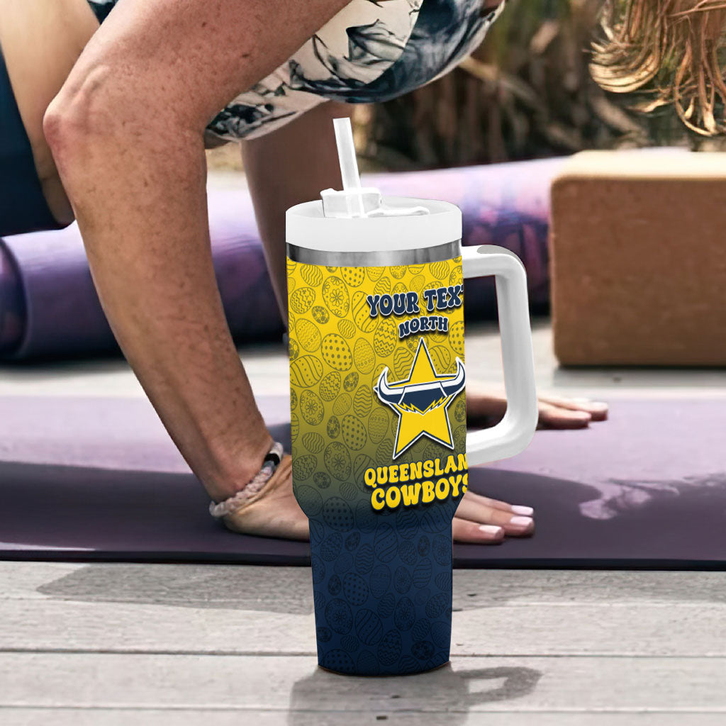 Personalized North Queensland Cowboys Tumbler With Handle Easter Mascot - Colorful Eggs Cartoon Style