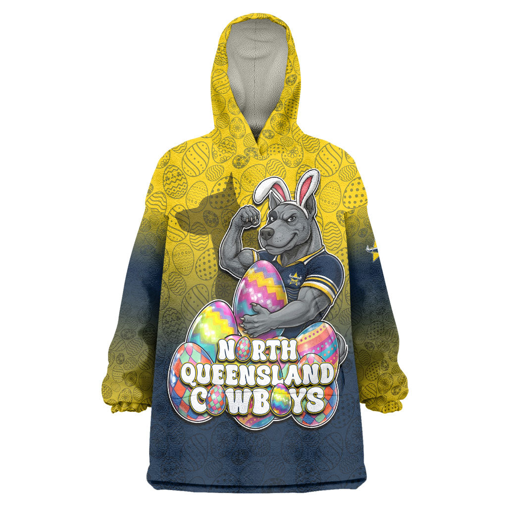 Personalized North Queensland Cowboys Wearable Blanket Hoodie Easter Mascot - Colorful Eggs Cartoon Style