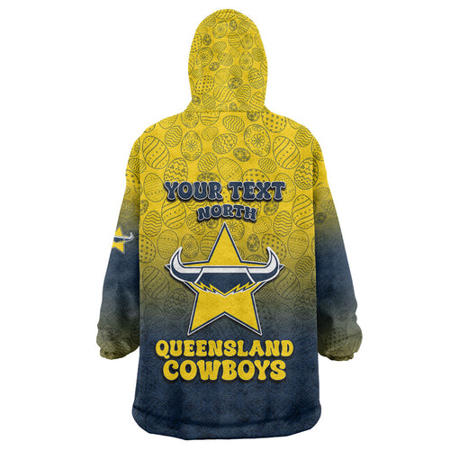 Personalized North Queensland Cowboys Wearable Blanket Hoodie Easter Mascot - Colorful Eggs Cartoon Style