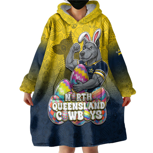 Personalized North Queensland Cowboys Wearable Blanket Hoodie Easter Mascot - Colorful Eggs Cartoon Style