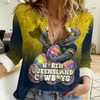 Personalized North Queensland Cowboys Women Casual Shirt Easter Mascot - Colorful Eggs Cartoon Style
