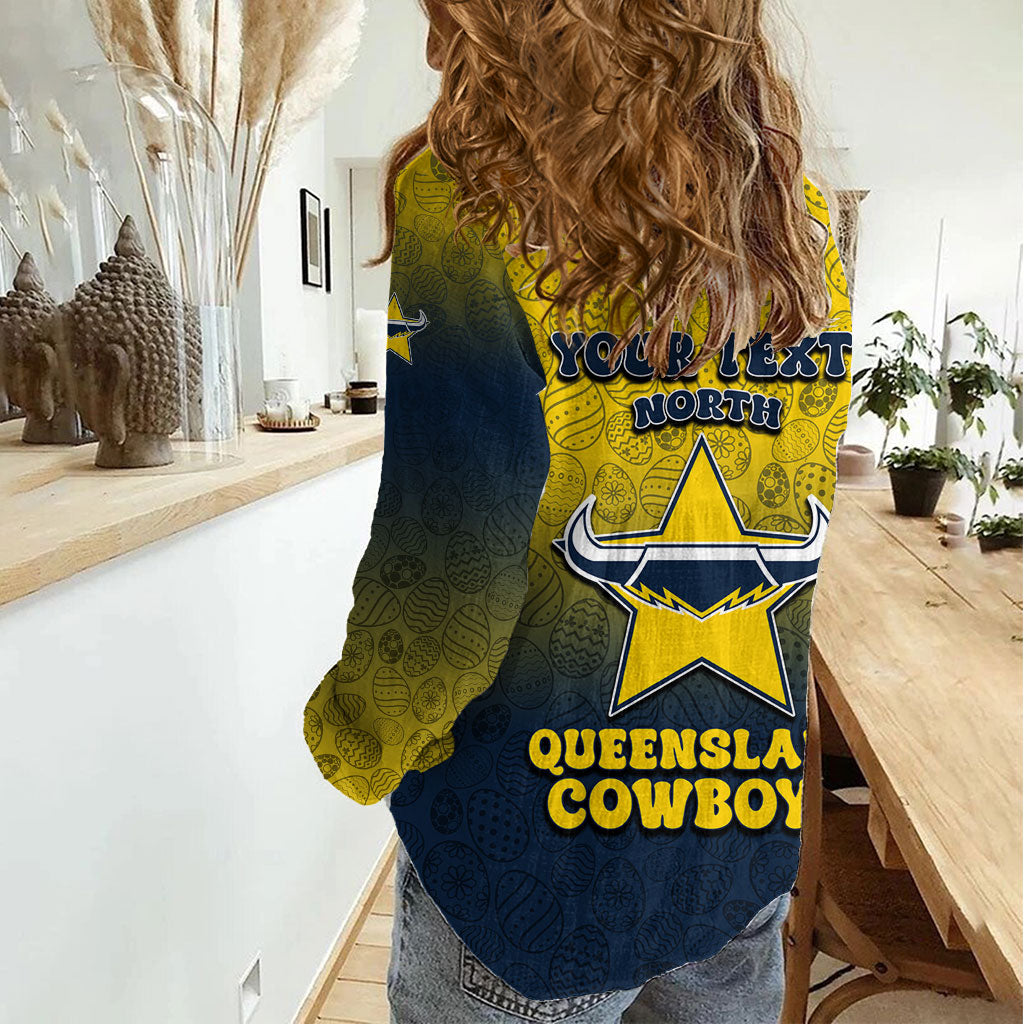 Personalized North Queensland Cowboys Women Casual Shirt Easter Mascot - Colorful Eggs Cartoon Style