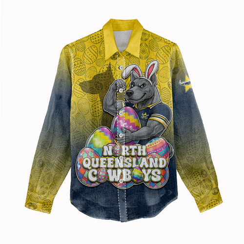 Personalized North Queensland Cowboys Women Casual Shirt Easter Mascot - Colorful Eggs Cartoon Style