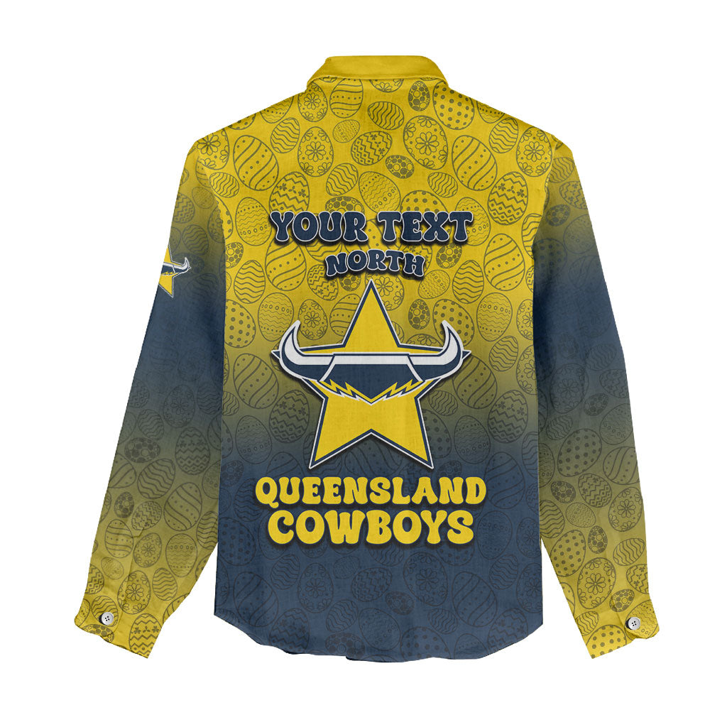 Personalized North Queensland Cowboys Women Casual Shirt Easter Mascot - Colorful Eggs Cartoon Style