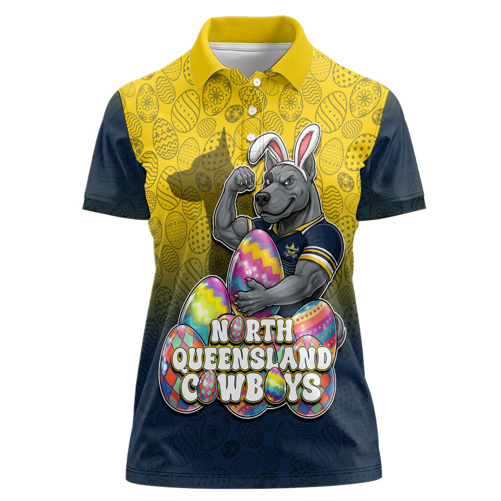 Personalized North Queensland Cowboys Women Polo Shirt Easter Mascot - Colorful Eggs Cartoon Style