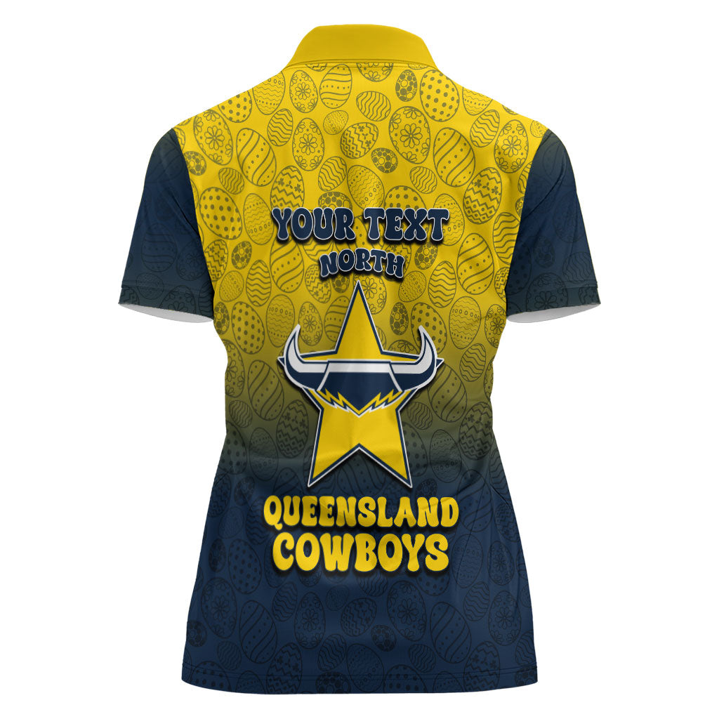 Personalized North Queensland Cowboys Women Polo Shirt Easter Mascot - Colorful Eggs Cartoon Style
