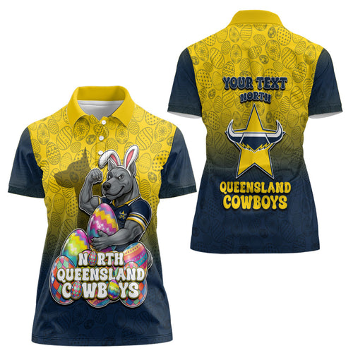 Personalized North Queensland Cowboys Women Polo Shirt Easter Mascot - Colorful Eggs Cartoon Style