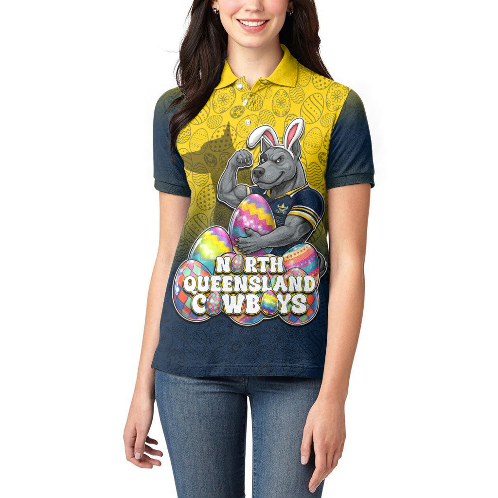 Personalized North Queensland Cowboys Women Polo Shirt Easter Mascot - Colorful Eggs Cartoon Style