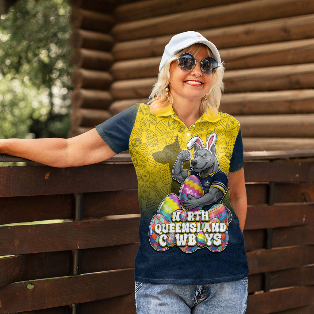 Personalized North Queensland Cowboys Women Polo Shirt Easter Mascot - Colorful Eggs Cartoon Style
