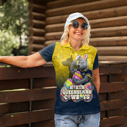 Personalized North Queensland Cowboys Women Polo Shirt Easter Mascot - Colorful Eggs Cartoon Style