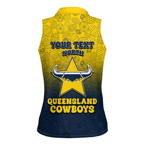 Personalized North Queensland Cowboys Women Sleeveless Polo Shirt Easter Mascot - Colorful Eggs Cartoon Style