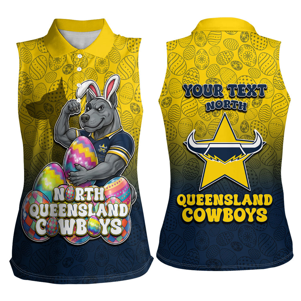Personalized North Queensland Cowboys Women Sleeveless Polo Shirt Easter Mascot - Colorful Eggs Cartoon Style