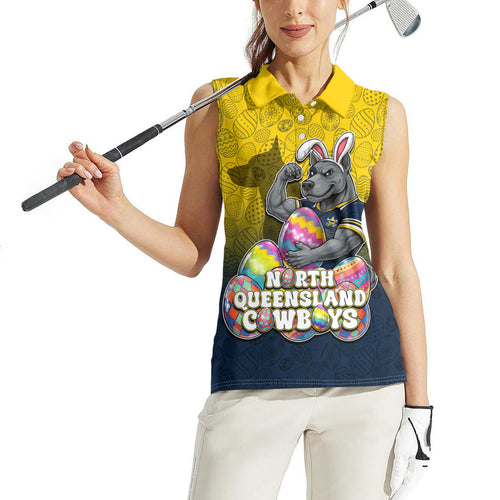 Personalized North Queensland Cowboys Women Sleeveless Polo Shirt Easter Mascot - Colorful Eggs Cartoon Style