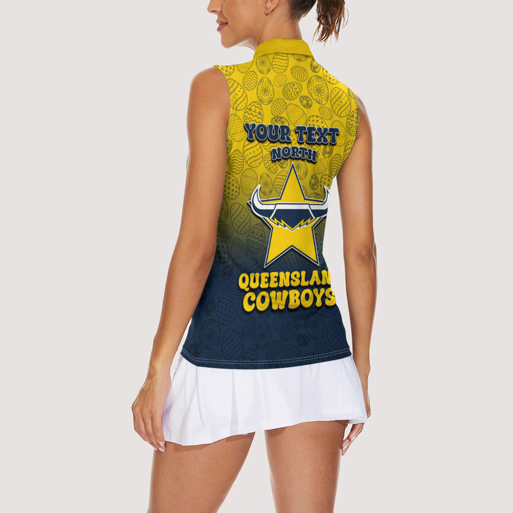 Personalized North Queensland Cowboys Women Sleeveless Polo Shirt Easter Mascot - Colorful Eggs Cartoon Style