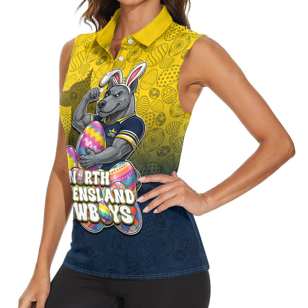 Personalized North Queensland Cowboys Women Sleeveless Polo Shirt Easter Mascot - Colorful Eggs Cartoon Style