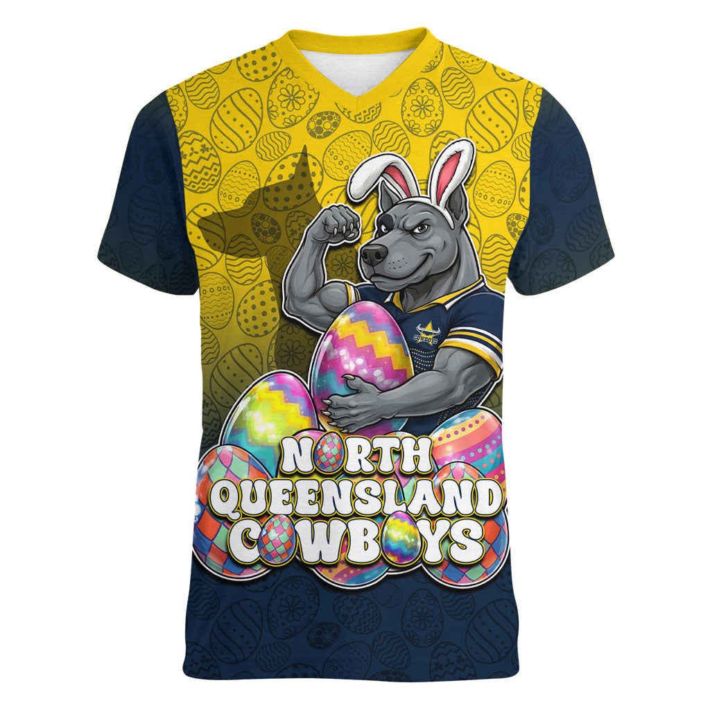 Personalized North Queensland Cowboys Women V-Neck T-Shirt Easter Mascot - Colorful Eggs Cartoon Style