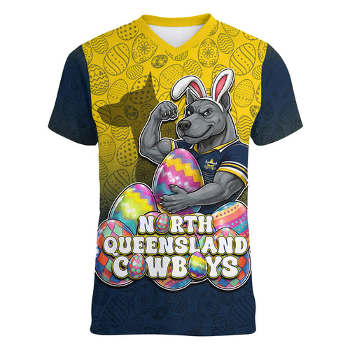 Personalized North Queensland Cowboys Women V-Neck T-Shirt Easter Mascot - Colorful Eggs Cartoon Style