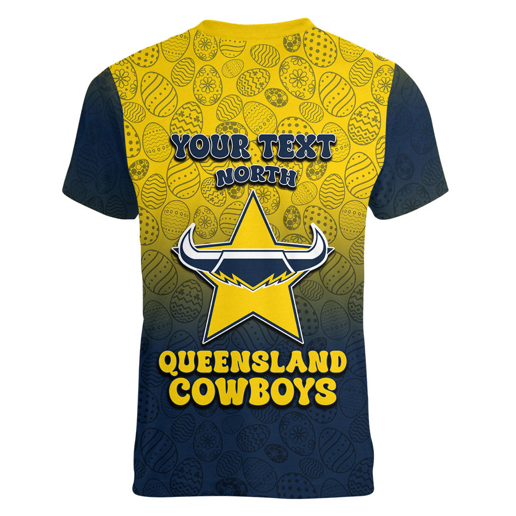 Personalized North Queensland Cowboys Women V-Neck T-Shirt Easter Mascot - Colorful Eggs Cartoon Style