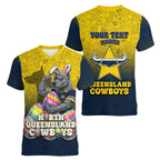 Personalized North Queensland Cowboys Women V-Neck T-Shirt Easter Mascot - Colorful Eggs Cartoon Style