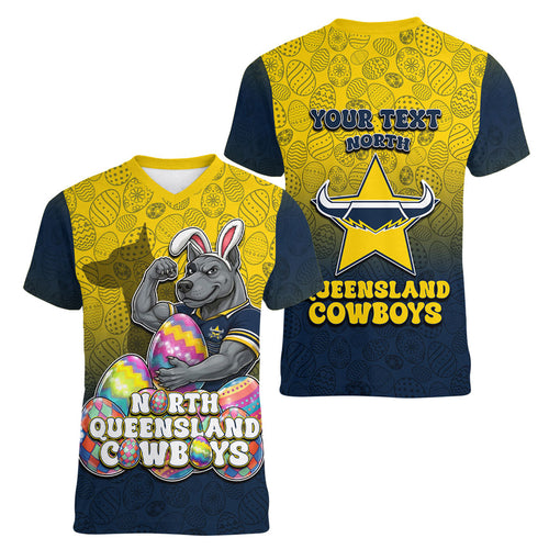 Personalized North Queensland Cowboys Women V-Neck T-Shirt Easter Mascot - Colorful Eggs Cartoon Style