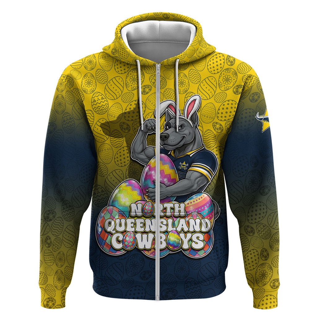 Personalized North Queensland Cowboys Zip Hoodie Easter Mascot - Colorful Eggs Cartoon Style