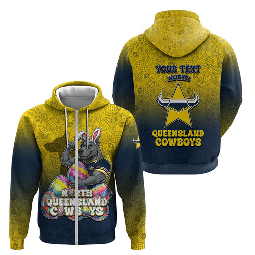 Personalized North Queensland Cowboys Zip Hoodie Easter Mascot - Colorful Eggs Cartoon Style