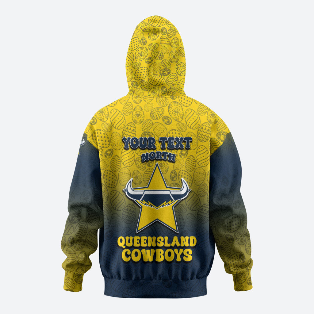 Personalized North Queensland Cowboys Zip Hoodie Easter Mascot - Colorful Eggs Cartoon Style