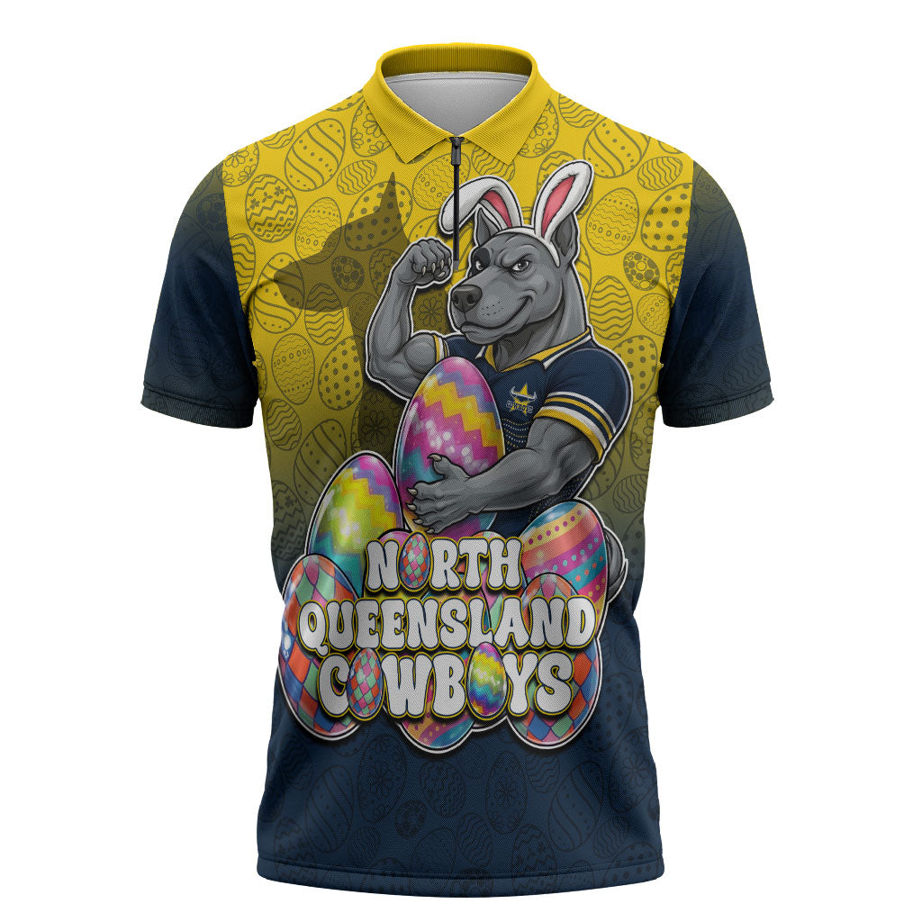 Personalized North Queensland Cowboys Zipper Polo Shirt Easter Mascot - Colorful Eggs Cartoon Style