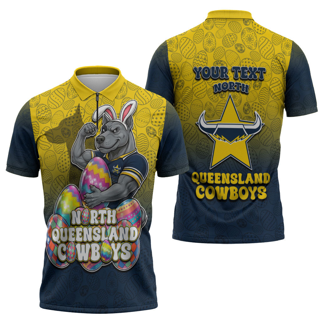Personalized North Queensland Cowboys Zipper Polo Shirt Easter Mascot - Colorful Eggs Cartoon Style