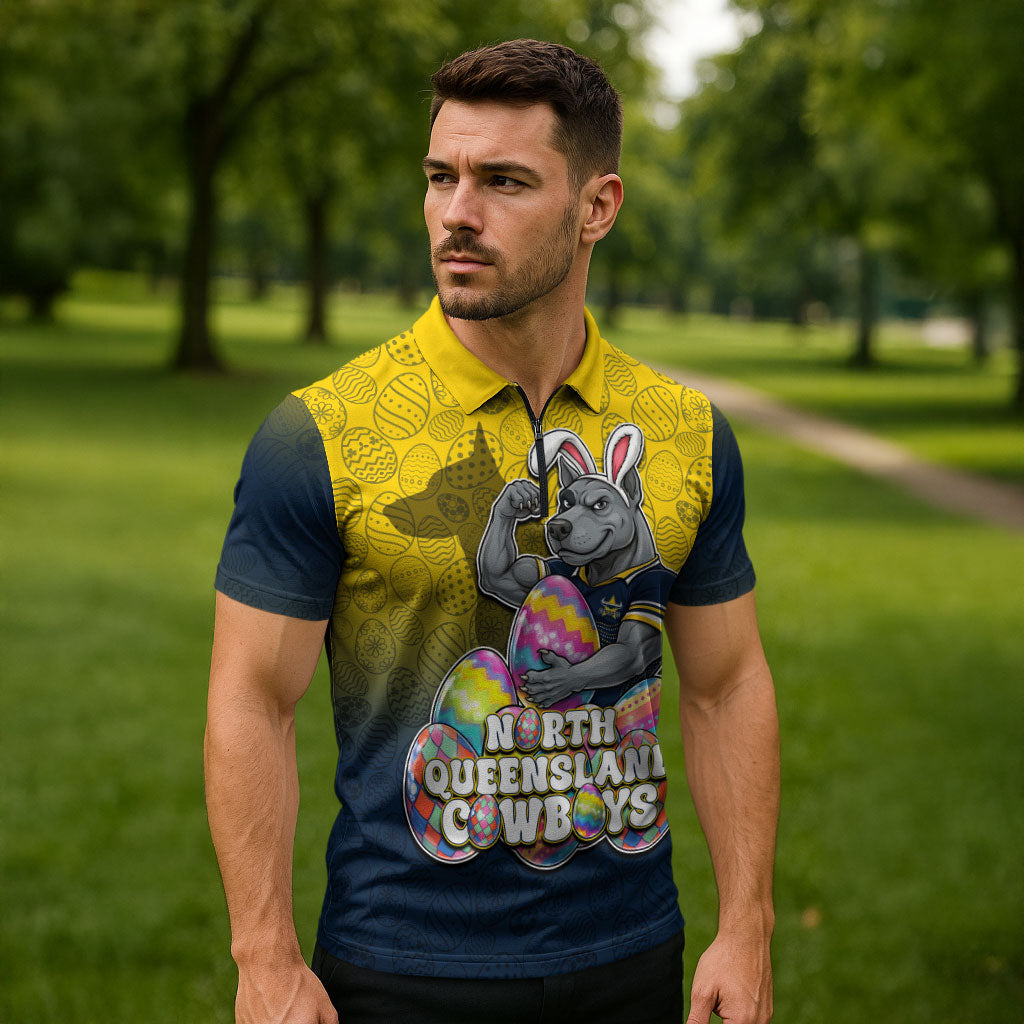 Personalized North Queensland Cowboys Zipper Polo Shirt Easter Mascot - Colorful Eggs Cartoon Style