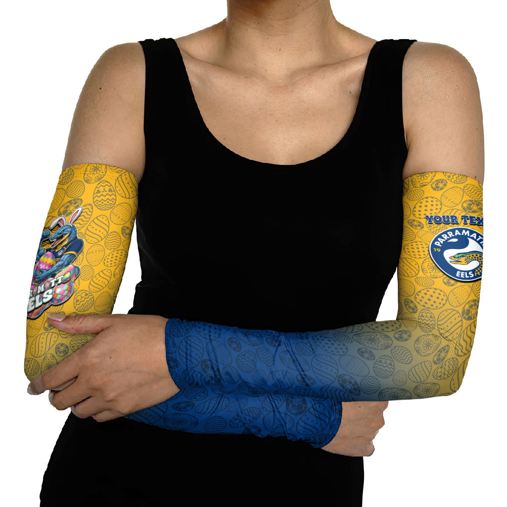 Personalized Parramatta Eels Arm Sleeves Easter Mascot - Colorful Eggs Cartoon Style