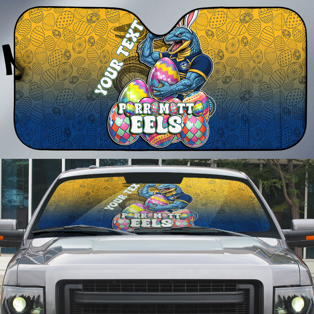 Personalized Parramatta Eels Auto Sun Shade Easter Mascot - Colorful Eggs Cartoon Style