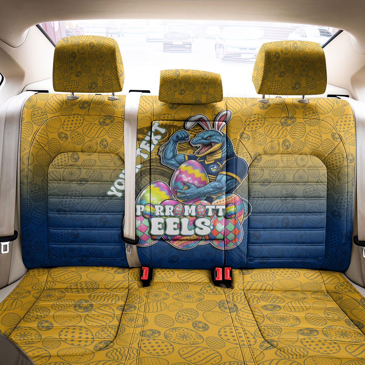 Personalized Parramatta Eels Back Car Seat Cover Easter Mascot - Colorful Eggs Cartoon Style