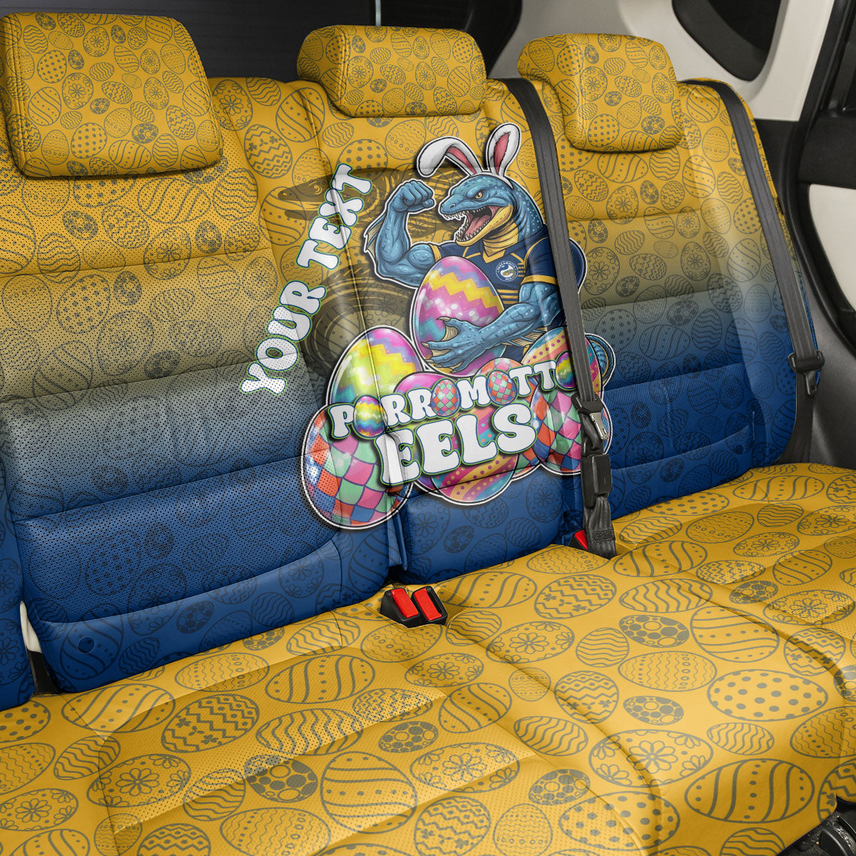 Personalized Parramatta Eels Back Car Seat Cover Easter Mascot - Colorful Eggs Cartoon Style