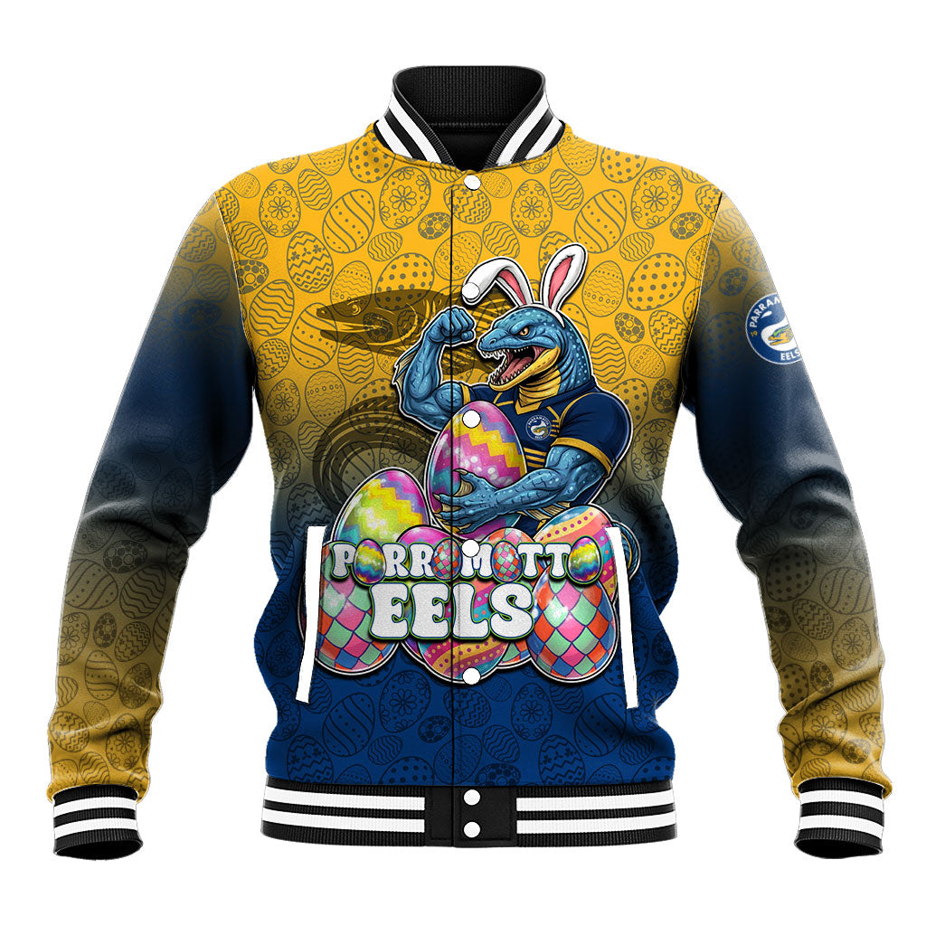 Personalized Parramatta Eels Baseball Jacket Easter Mascot - Colorful Eggs Cartoon Style
