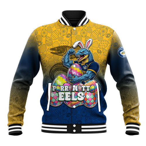 Personalized Parramatta Eels Baseball Jacket Easter Mascot - Colorful Eggs Cartoon Style