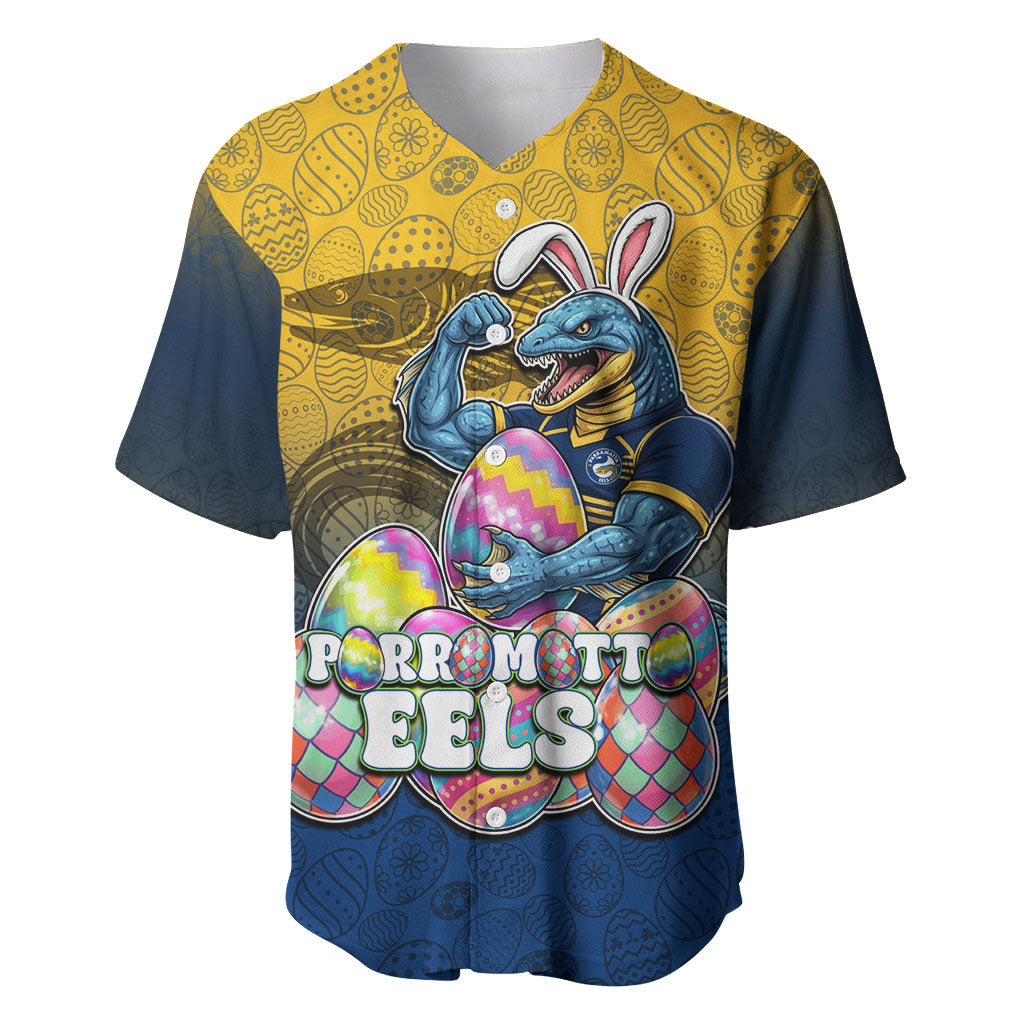 Personalized Parramatta Eels Baseball Jersey Easter Mascot - Colorful Eggs Cartoon Style