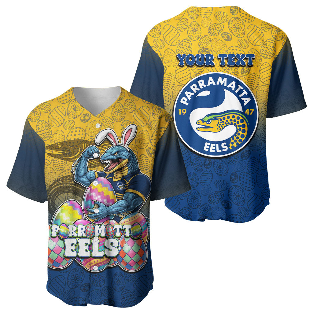 Personalized Parramatta Eels Baseball Jersey Easter Mascot - Colorful Eggs Cartoon Style