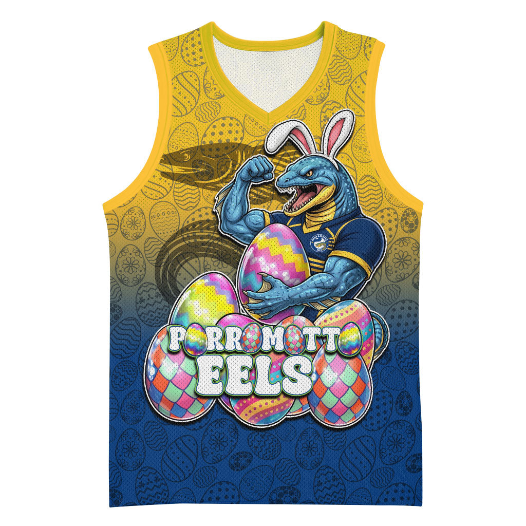 Personalized Parramatta Eels Basketball Jersey Easter Mascot - Colorful Eggs Cartoon Style