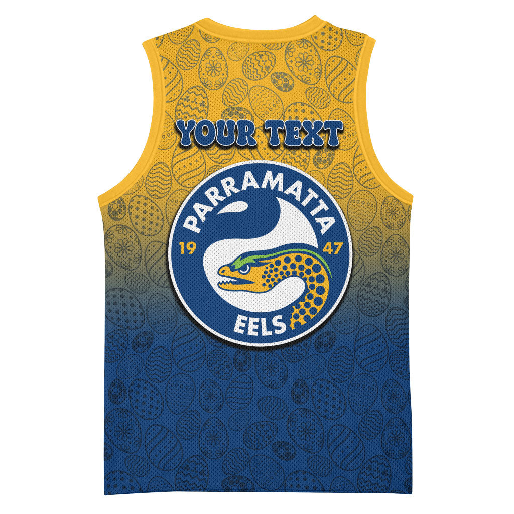 Personalized Parramatta Eels Basketball Jersey Easter Mascot - Colorful Eggs Cartoon Style